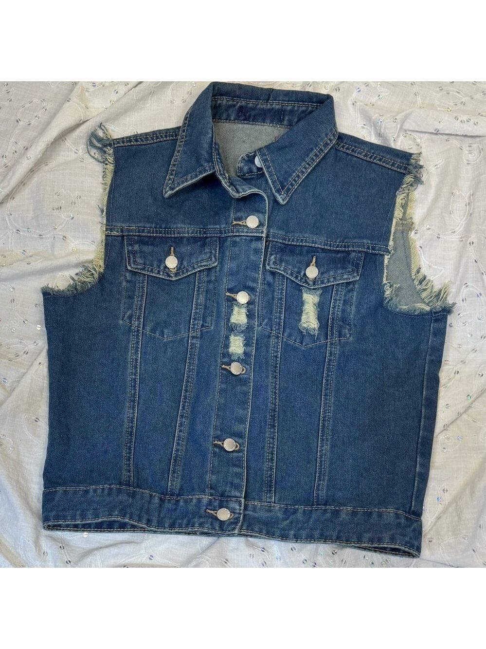 Distressed Denim Jean Vest – Size Small